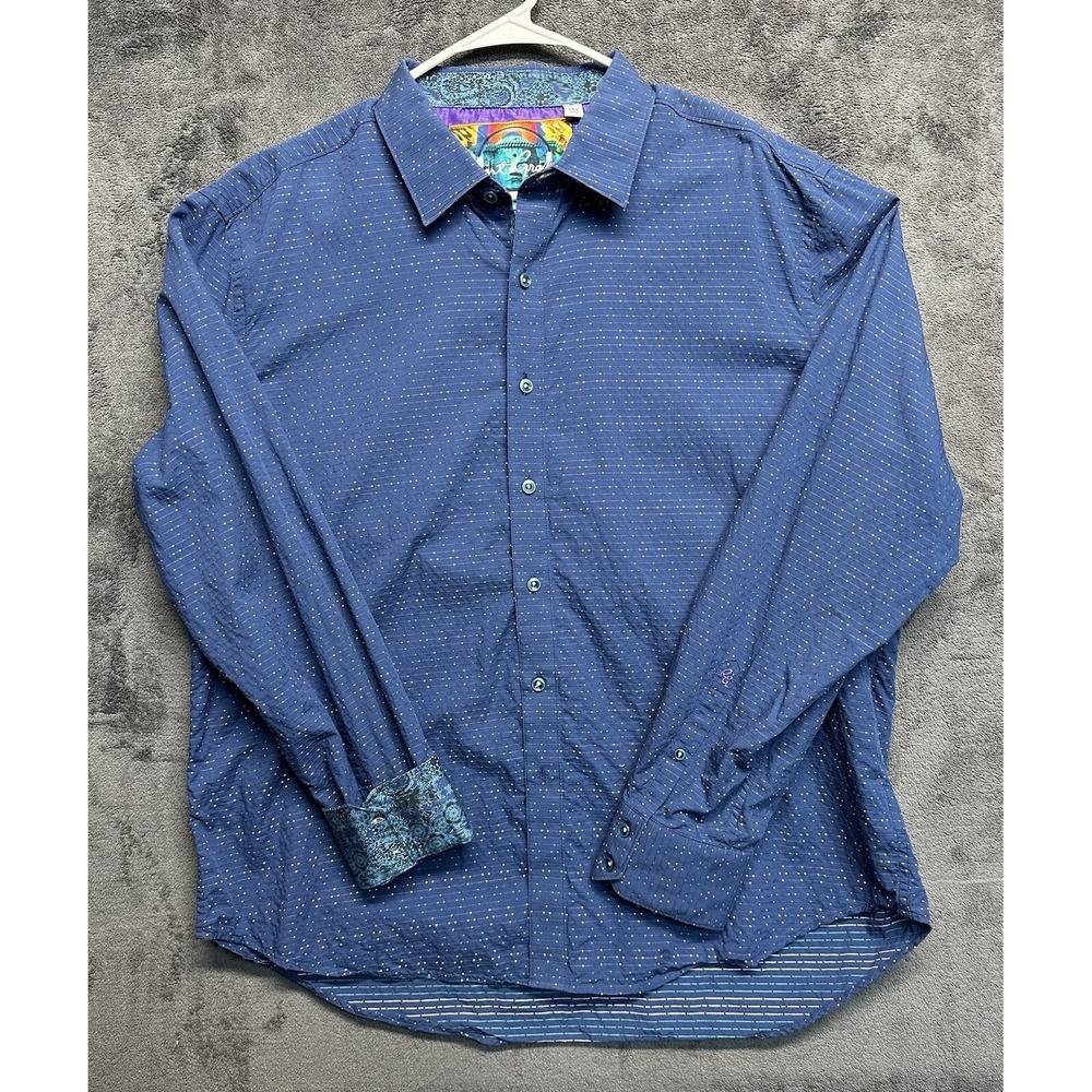 Robert Graham Button Down Shirt Mens 2XL Blue Dotted Stripe Paisley Trim Classic
